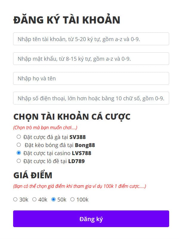Đăng ký tài khoản và nạp tiền vào lvs788